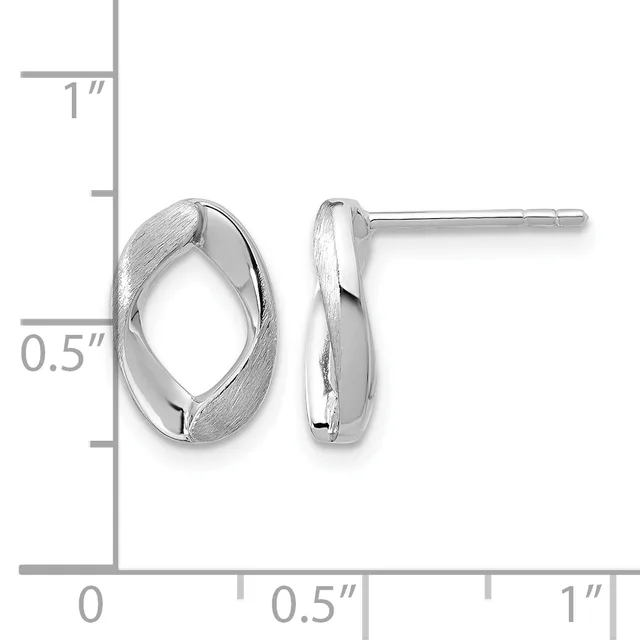 Silver oval stud earrings with brushed and polished finish, shown front and side view with measurement scale indicating approximately 0.5 inches in height.