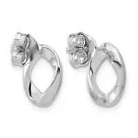 A pair of polished silver twisted hoop earrings with stud posts and butterfly backs, displayed against a white background.
