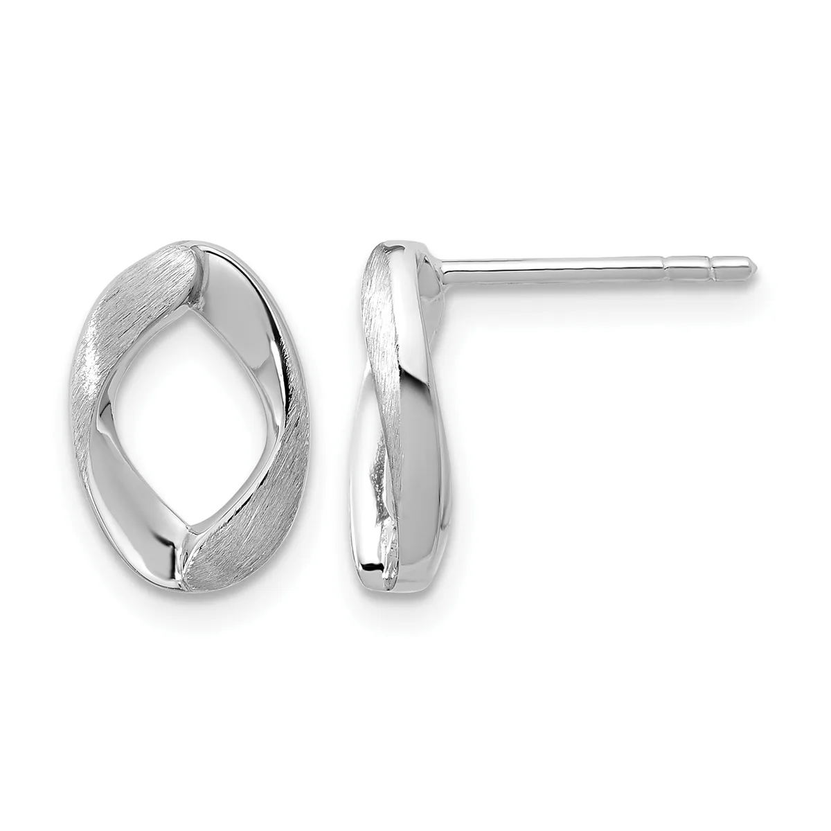 Pair of silver twisted oval stud earrings shown from front and side views, featuring a brushed and polished mixed finish.