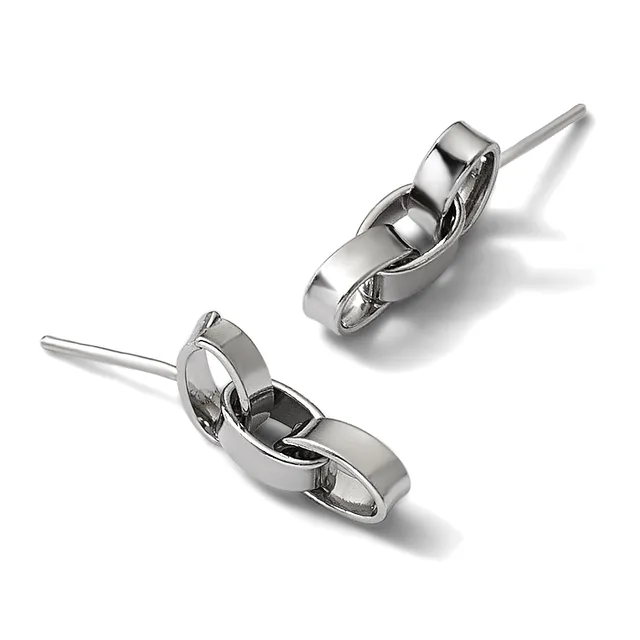 A pair of polished silver hinged earrings with oval hoops and rectangular accents, shown from different angles against a white background.