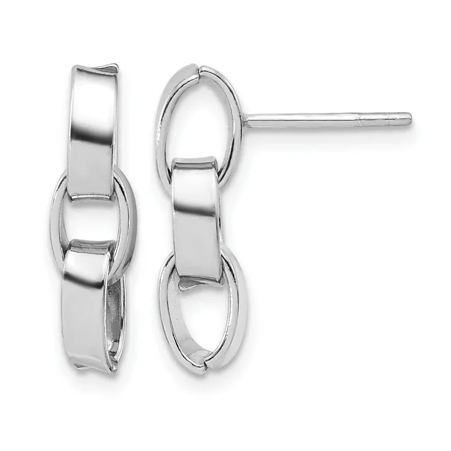 Pair of polished silver chain link drop earrings with posts and backs, shown from front and side views.