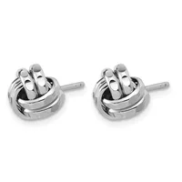 A pair of polished silver-toned knot stud earrings with posts displayed against a white background.