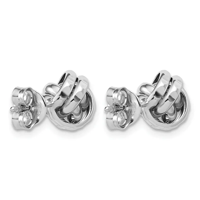 A pair of polished silver twisted knot stud earrings with matching earring backs, displayed against a white background.
