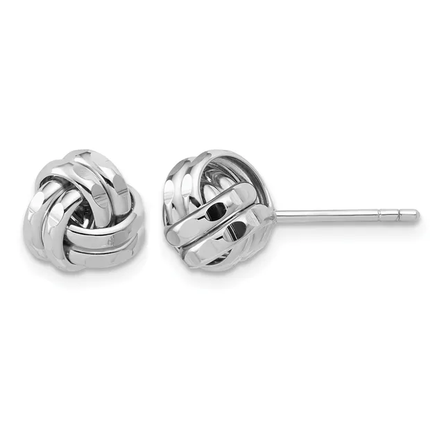 Pair of polished silver-toned knot stud earrings with posts and backs displayed against a white background.