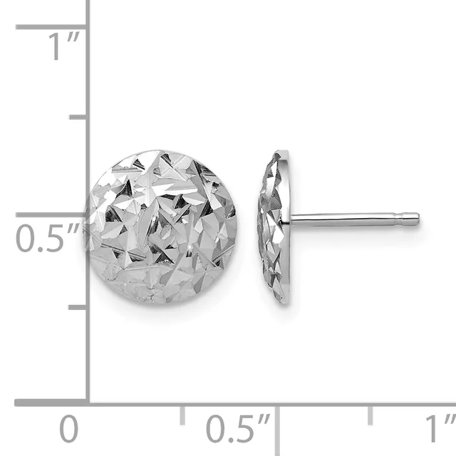A pair of polished sterling silver stud earrings with a textured, dimpled spherical design, shown front and side view against a measurement scale.