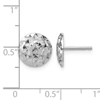 A pair of polished sterling silver stud earrings with a textured, dimpled spherical design, shown front and side view against a measurement scale.