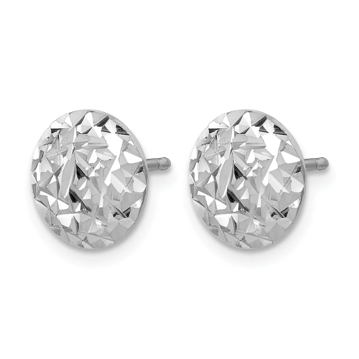 A pair of round silver stud earrings with a textured diamond-cut surface finish.