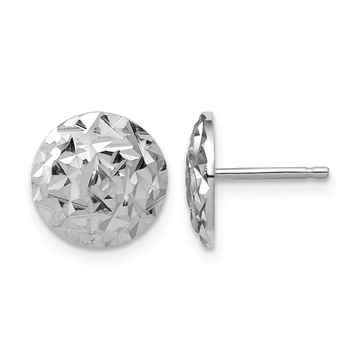 Pair of silver stud earrings with textured, hammered dome surfaces shown from front and side views.
