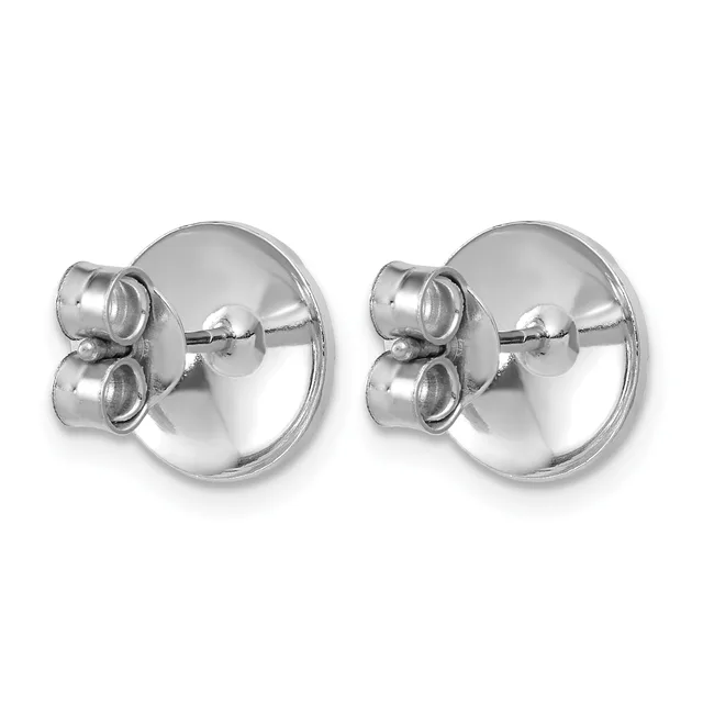 A pair of polished silver stud earrings with round dome fronts and two small cylindrical elements on each post, shown from the front view.