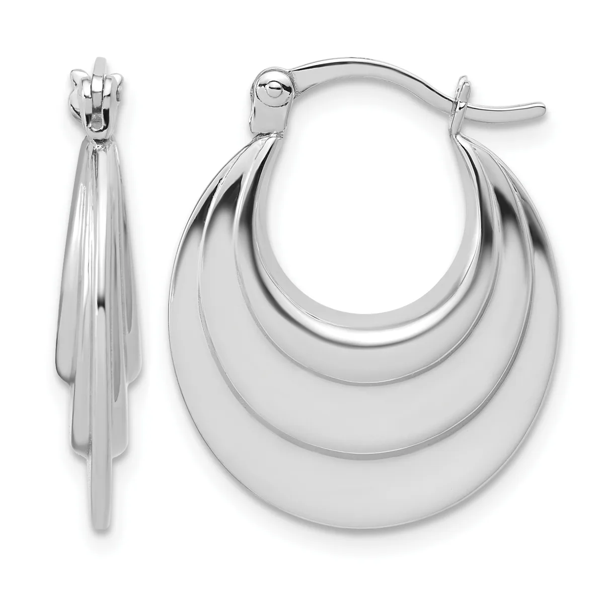 Pair of silver-toned hoop earrings with layered curved bands, shown from front and side views with hinged closures.