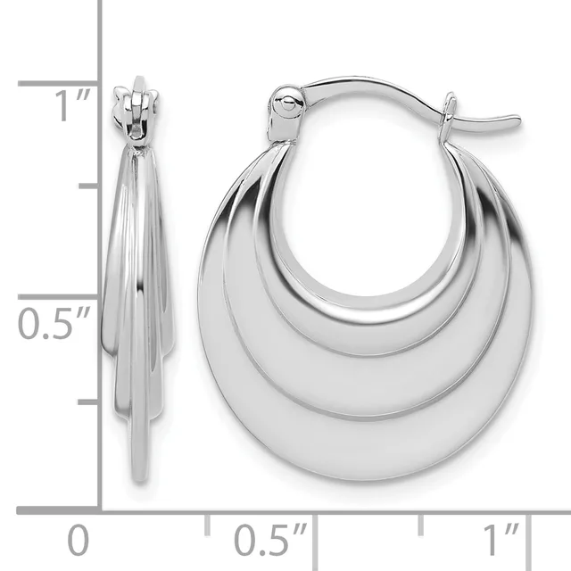 Polished silver-toned triple-layered chunky hoop earrings with post and clutch backs, shown on a measurement scale indicating approximately one inch in length.