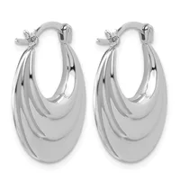 Pair of polished silver-toned chunky layered oval hoop earrings with hinged posts and backs, displayed against a white background.