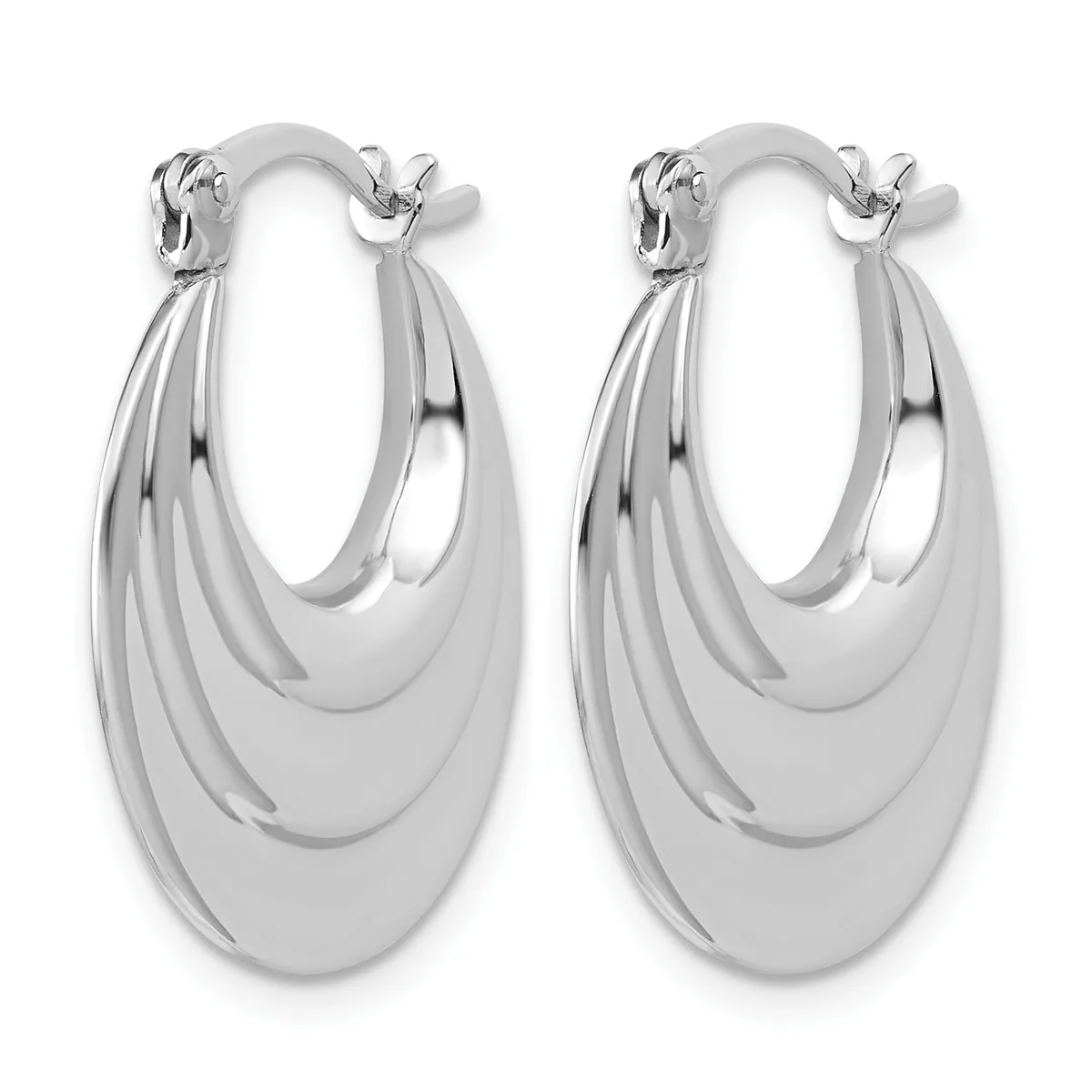 A pair of polished silver chunky layered hoop earrings with curved, stacked oval sections and hinged closures.