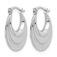 A pair of polished silver chunky layered hoop earrings with curved, stacked oval sections and hinged closures.
