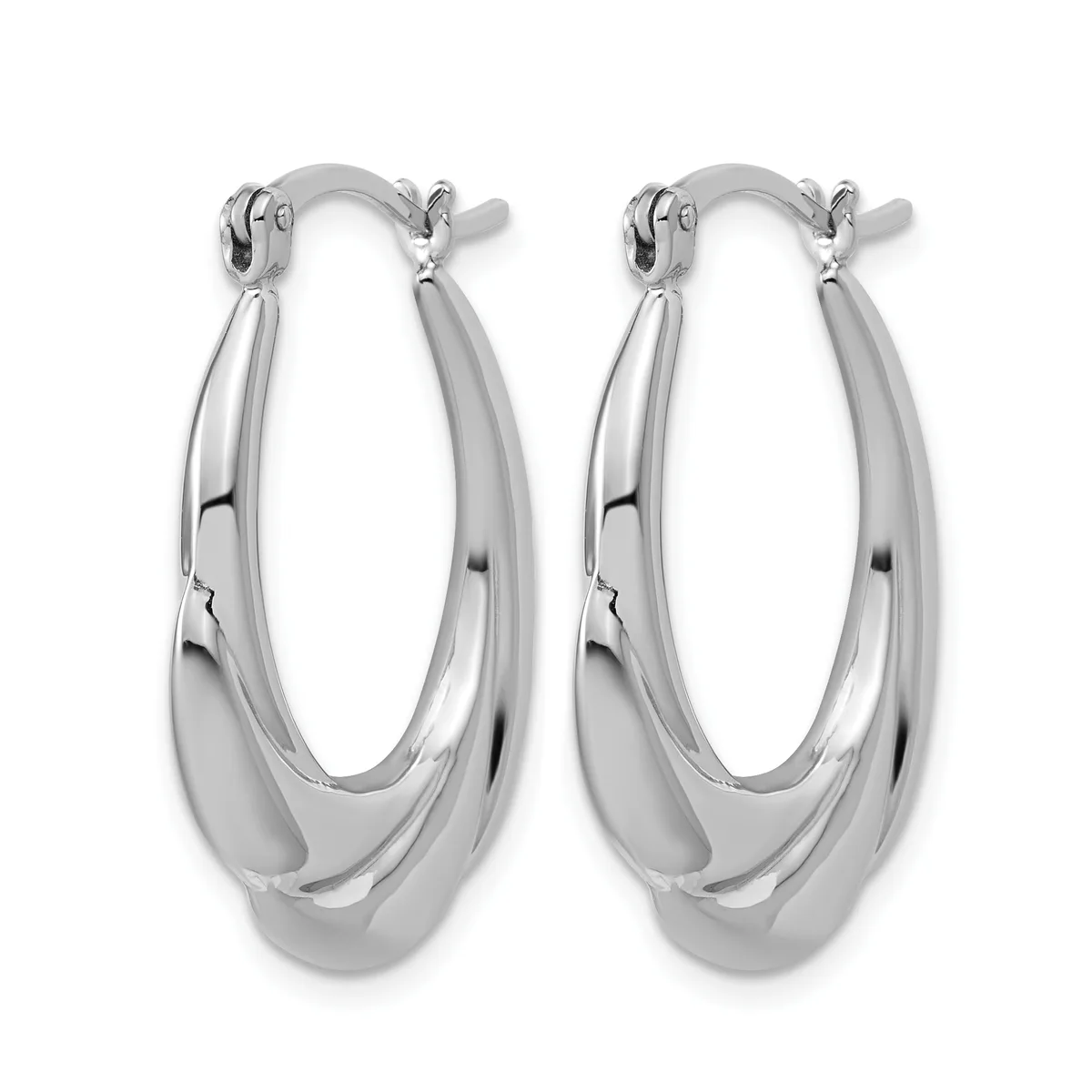 A pair of polished silver-toned hoop earrings with a chunky twisted oval design and hinged closures, shown from the front.