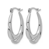 A pair of polished silver-toned hoop earrings with a chunky twisted oval design and hinged closures, shown from the front.
