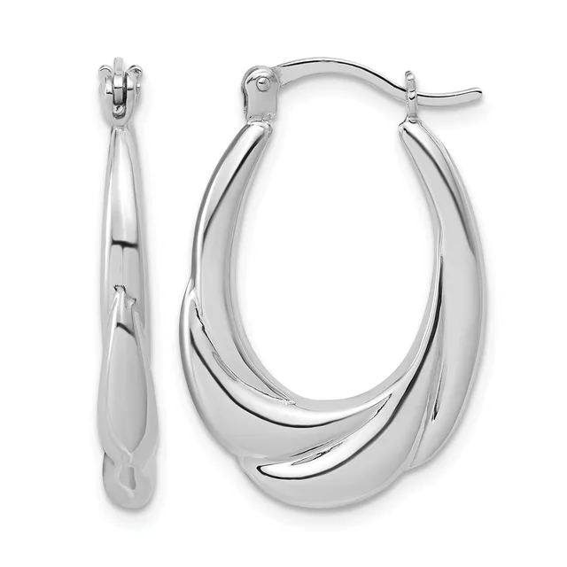 Pair of polished silver-toned oval hoop earrings with textured striped detailing and hinged post closures, shown from front and side views.