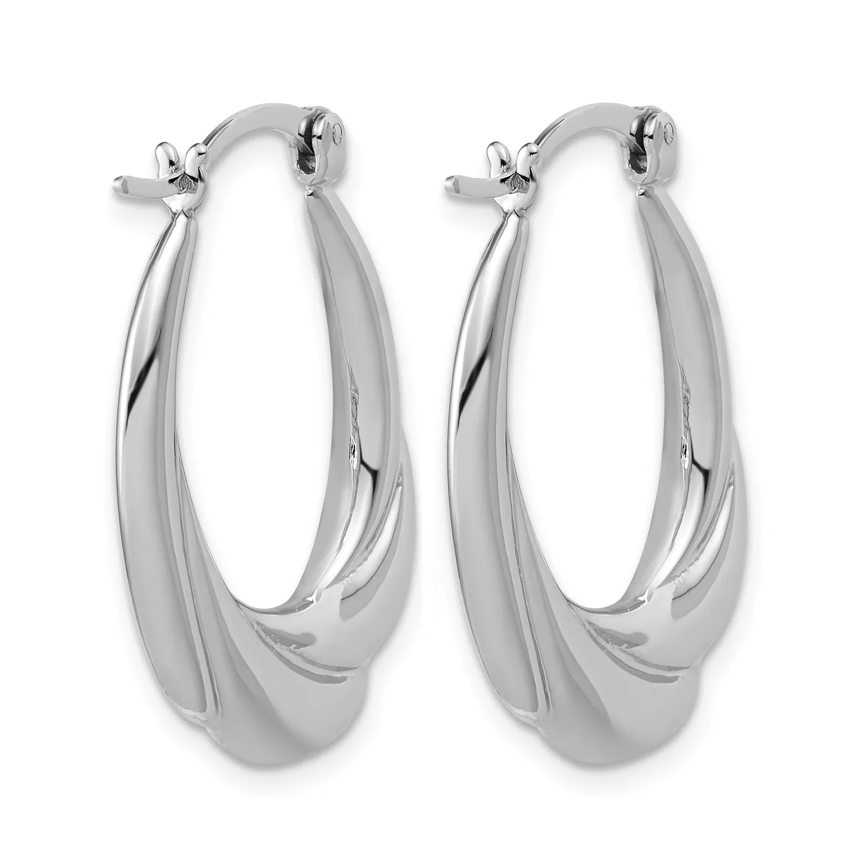 A pair of polished silver-toned hoop earrings with a chunky curved design and clip-on closures, shown against a white background.