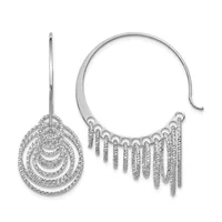 Two silver earrings with textured circular and chain fringe designs displayed against a white background.