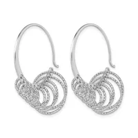 A pair of silver drop earrings with curved wire hooks and circular pendants featuring concentric patterned rings with diamond or crystal embellishments.