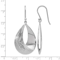 A pair of silver teardrop earrings with textured and polished finishes, displayed against a measurement scale showing they are approximately 1.25 inches long.