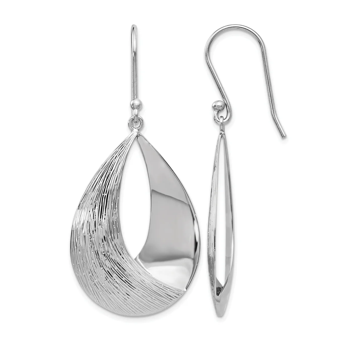 A pair of silver teardrop earrings with textured and polished surfaces, shown from front and side views, suspended from curved ear wires.