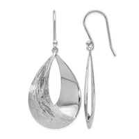 A pair of silver teardrop earrings with textured and polished surfaces, shown from front and side views, suspended from curved ear wires.
