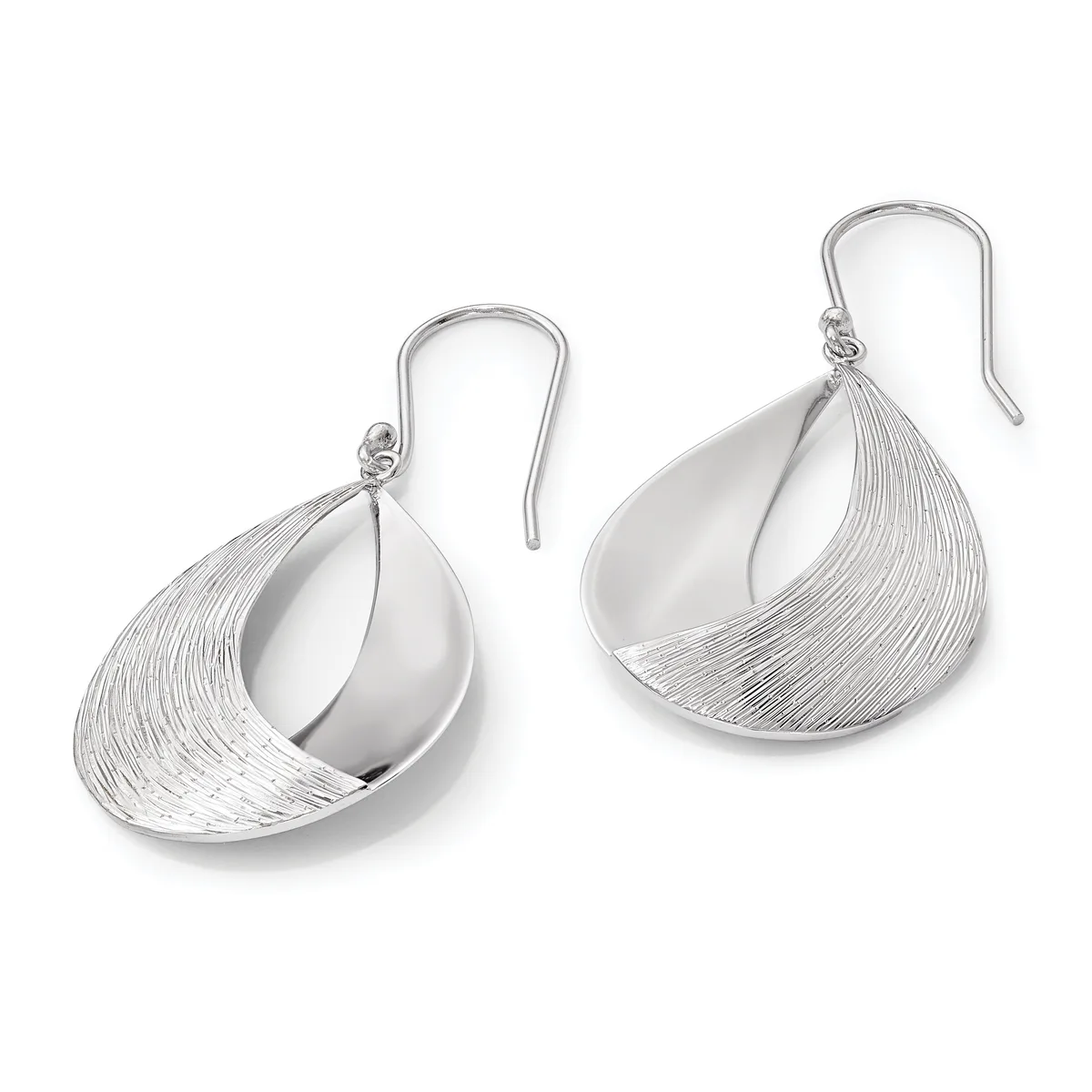 A pair of silver teardrop-shaped earrings with textured surfaces and polished concave interiors, suspended from curved ear wires.