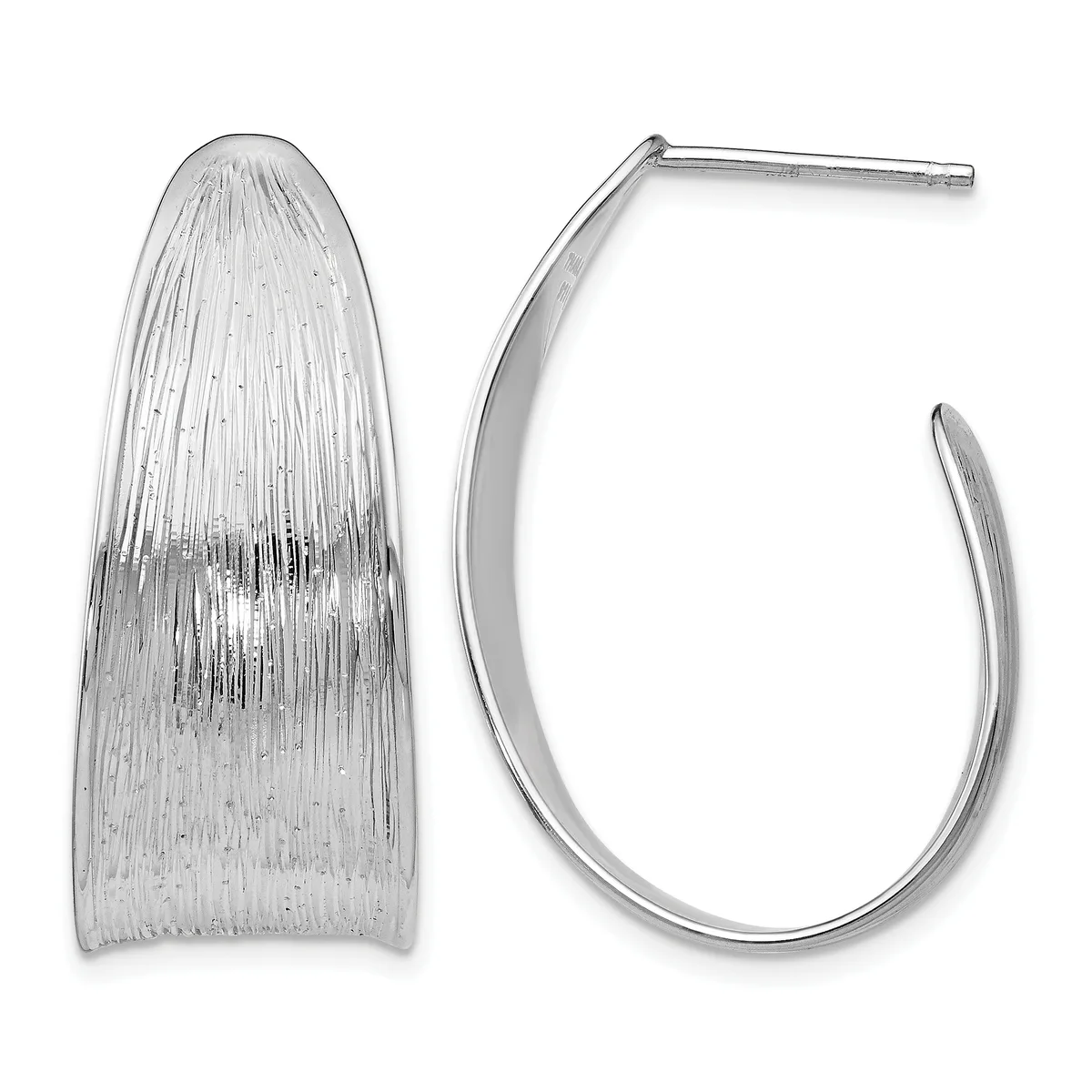 A pair of silver hoop earrings with textured and polished finishes, shown from front and side views.
