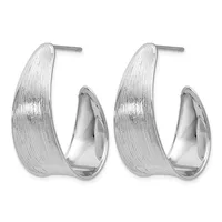 A pair of silver hoop earrings with a textured brushed finish on the outer surface and polished inner surface, displayed against a white background.