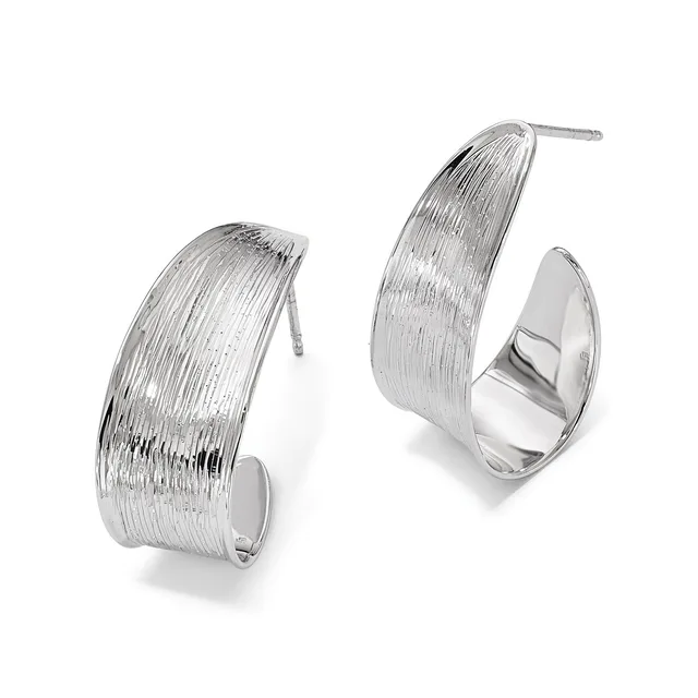 A pair of silver hoop earrings with a brushed textured finish and post backs, shown from two angles against a white background.