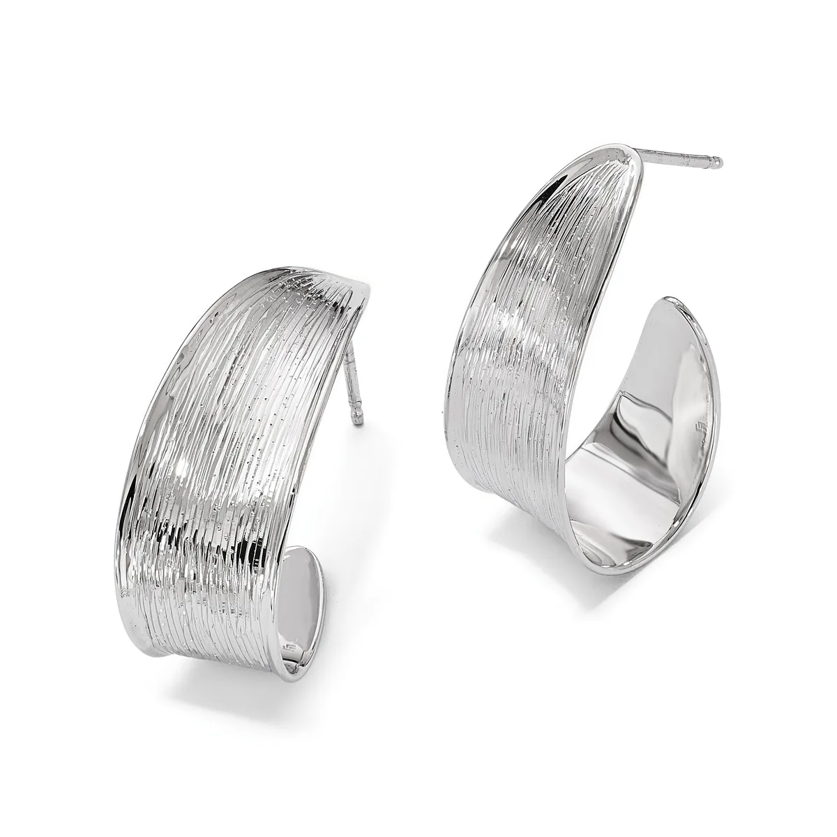A pair of silver hoop earrings with a brushed textured finish and post backs, shown from two angles against a white background.