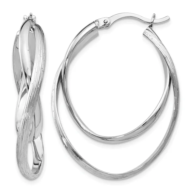 A pair of silver twisted hoop earrings with click-top closures, shown from front and side angles.