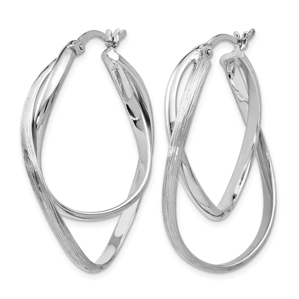 A pair of silver-toned double hoop earrings with a twisted design and brushed finish, shown from front and back views.