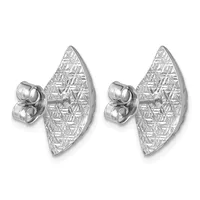 A pair of silver stud earrings with leaf-shaped faces featuring a textured crosshatch pattern, shown from the front and back.