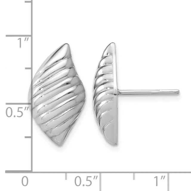 Pair of silver shell-shaped stud earrings with linear ridged texture, shown front and side view with measurement scale indicating approximately one inch in length.