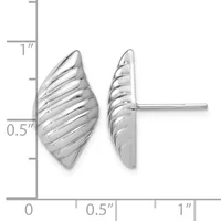 Pair of silver shell-shaped stud earrings with linear ridged texture, shown front and side view with measurement scale indicating approximately one inch in length.