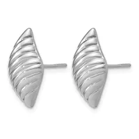 Pair of silver leaf-shaped stud earrings with linear striped texture detail and posts.