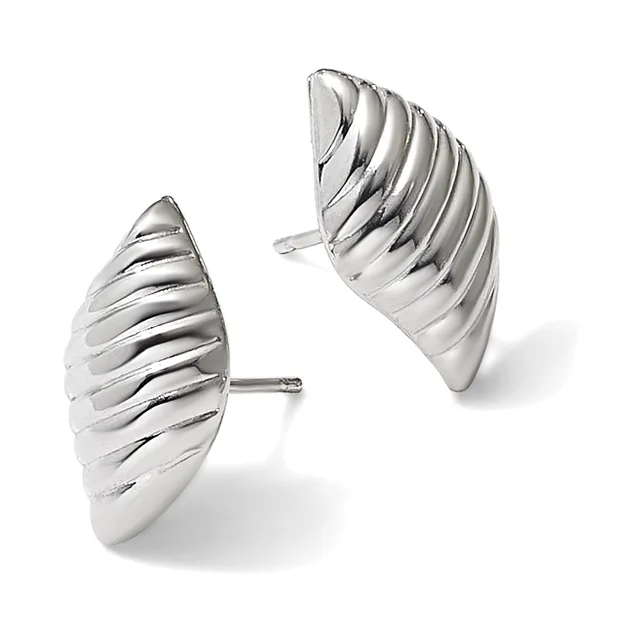 A pair of silver stud earrings with elongated leaf-shaped faces featuring horizontal ridged texture, shown from front and angled views.