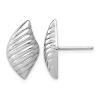 A pair of polished silver stud earrings with leaf-shaped faces featuring horizontal striped linear detailing, shown from front and side views.