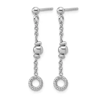 A pair of silver dangle earrings with ball studs, featuring chain links, beaded spheres, and twisted circular charms hanging from each post.