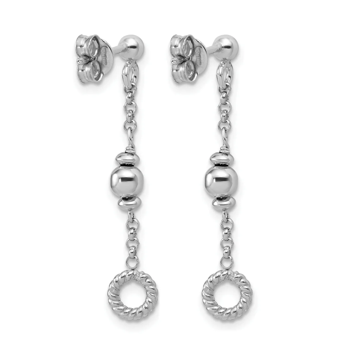 Pair of silver-tone drop earrings with textured flower studs, delicate chain links, polished spheres, and twisted ring charms at the ends.
