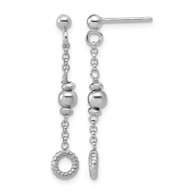 Pair of silver dangle earrings with ball studs, chain links, spherical beads, and twisted ring charms hanging from each post.