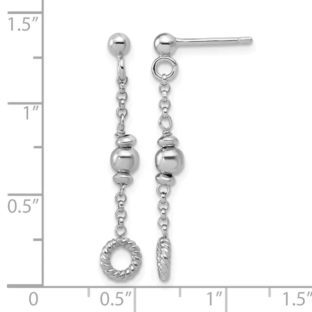 Pair of silver dangle earrings with ball studs, chain links, beaded spheres, and twisted circular charms, shown against a ruler measuring approximately 1.5 inches in length.