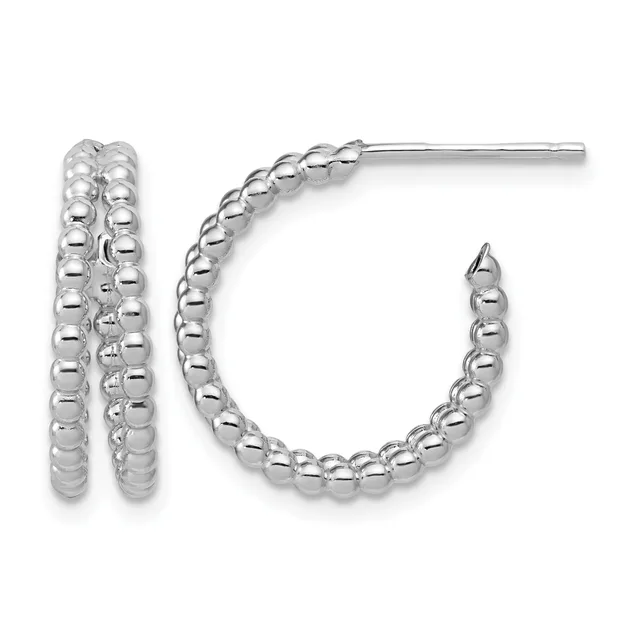 Pair of silver beaded hoop earrings with post and clutch backs, shown from front and side angles.