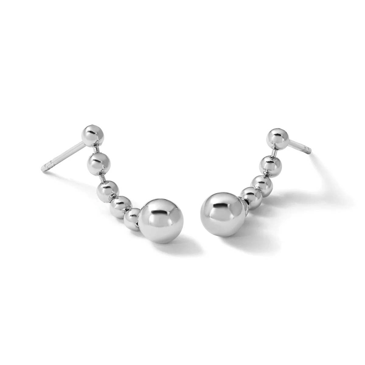 A pair of silver ball drop earrings with graduated spheres decreasing in size from a larger ball at the bottom to smaller balls near the post.