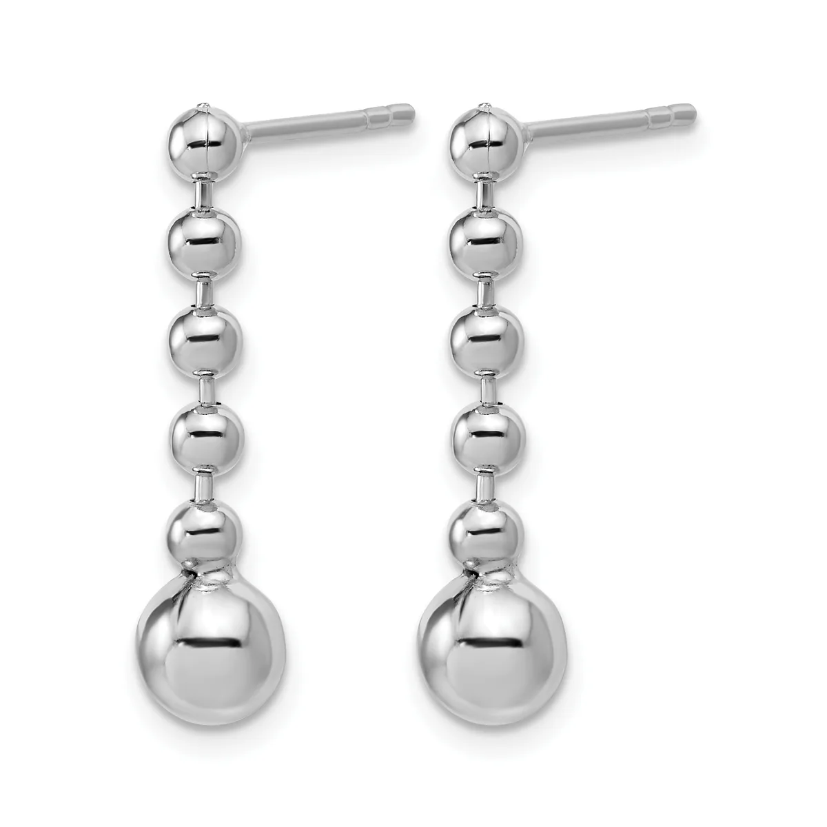 Pair of silver drop earrings with polished spheres graduated in size, connected by small beads, with post and butterfly backs.
