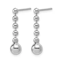 Pair of silver drop earrings with polished spheres graduated in size, connected by small beads, with post and butterfly backs.