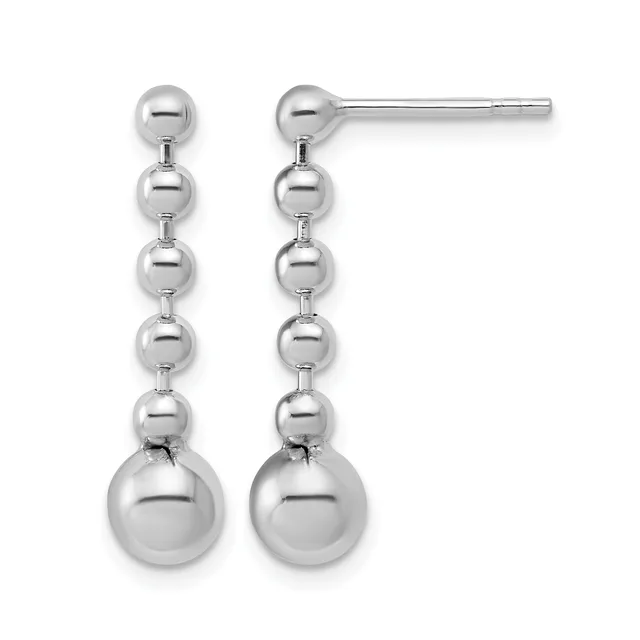 A pair of polished silver ball drop earrings with graduated spheres descending to a larger sphere at the base, shown from the front and side view.