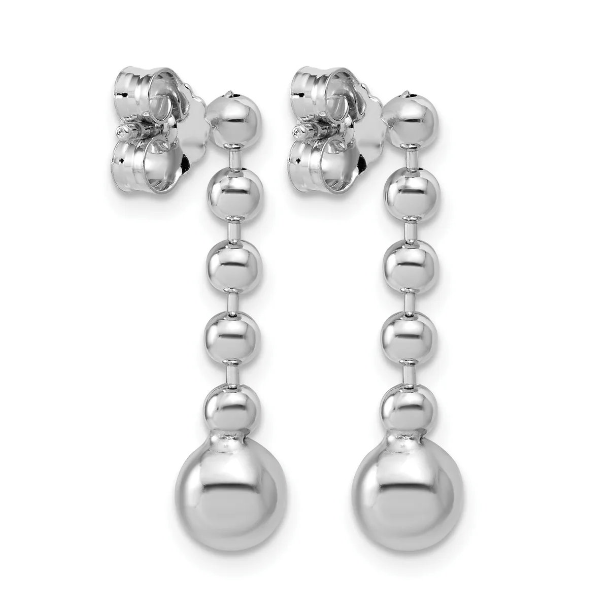 Pair of silver dangle earrings with graduated spheres descending from stud posts to larger spheres at the bottom.